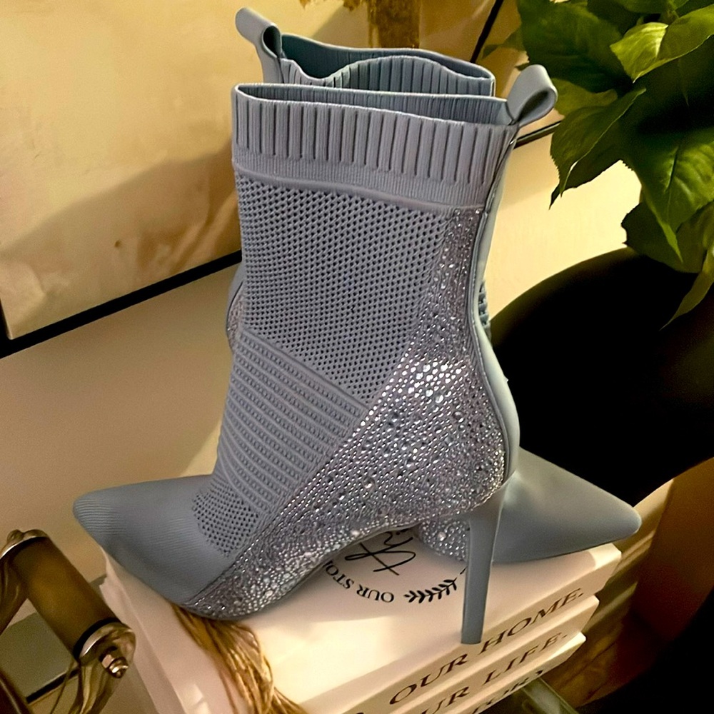 Never worn Blue and rhinestone stiletto booties boot